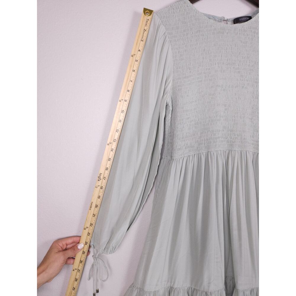 ZESICA Size L Smocked Long Sleeve Ruffle Hem Dress Light Sage Green - Picture 6 of 15